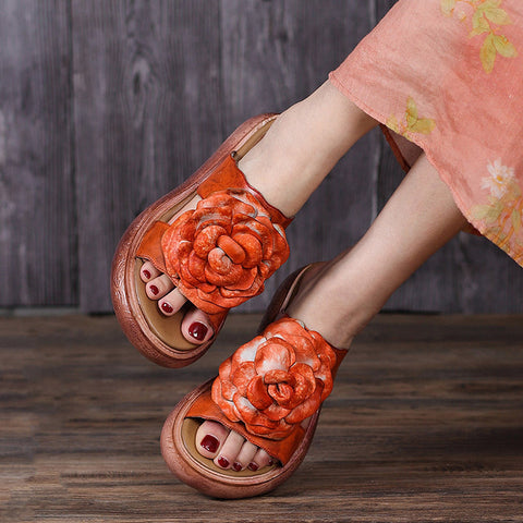 Women 2022 Vintage Leather Floral Platform Slippers