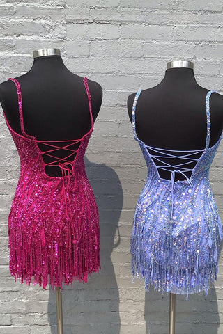 Sparkly Sheath Spaghetti Straps Fuchsia Sequins Short Homecoming Dress with Criss Cross Back