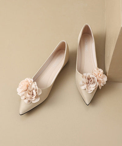 Beige Kunstleder Flache Füße Schuhe Spleißen Floral Spitzschuh