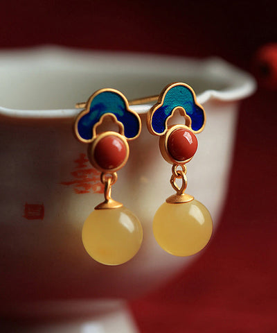 Chic Yellow Sterling Silver Inlaid Auspicious Clouds Amber Stud Earrings