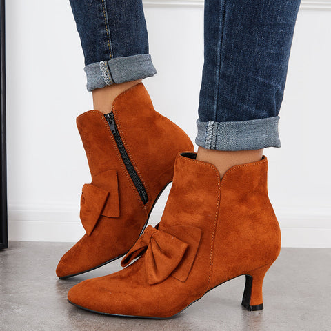 Bowknot Kittten Heel Ankle Boots Side Zipper Dress Short Booties
