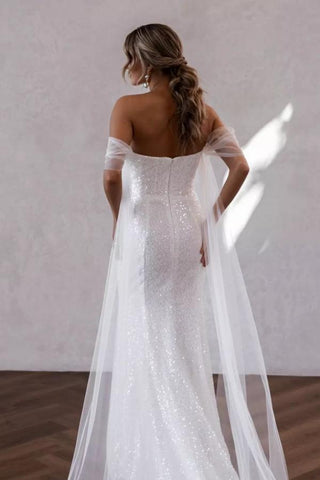 Off-the-Shoulder White Wedding Dress Sequins Mermaid With Slit