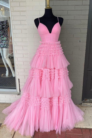 A Line Spaghetti Straps Pink Long Prom Dress with Split