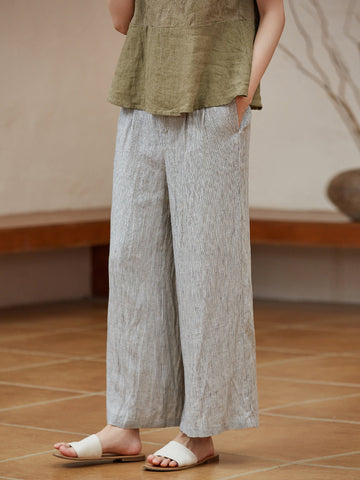 Women Summer Vintage Stripe Thin Loose Wide-leg Linen Pants