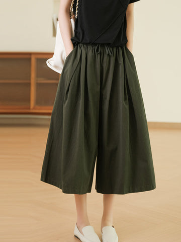 Women Summer Solid Pleat Pocket Loose Wide-leg Pants
