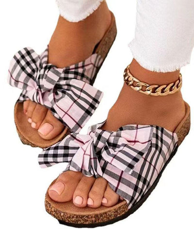 0508Casual Khaki Beach Slide Sandals Splicing Bow Canvas