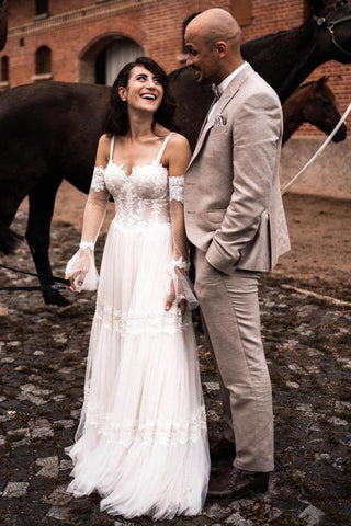 Bmbridal Spaghetti-Straps V-Neck Wedding Dress Boho Lace Long