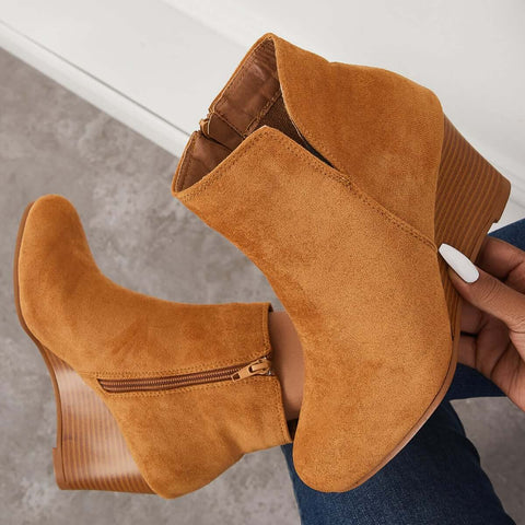 Cutout Ankle Wedge Booties V-cut Stacked Heel Boots