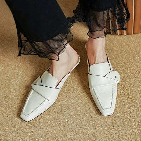 Muller Slippers Women Pumps Square Toe Genuine Leather Slippers Spring Summer Concise Casual Working Shoes Woman New Arrival