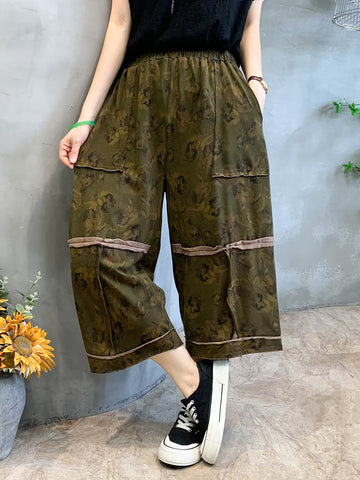Women Summer Retro Flower Print Spliced Pocket Loose Pants