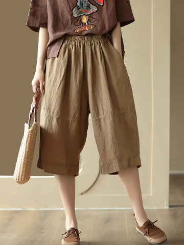 Women Summer Vintage Solid Spliced Pocket Loose Linen Pants