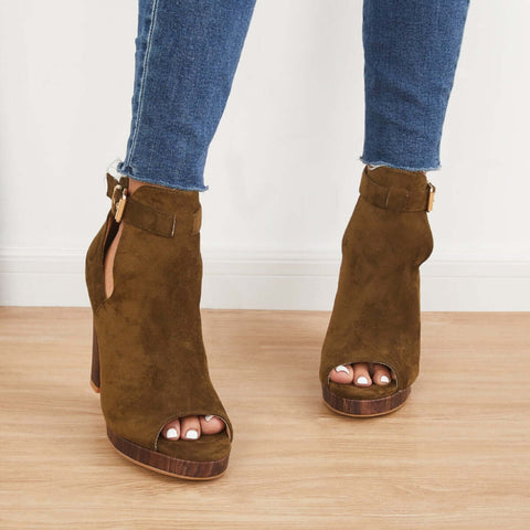 Platform Peep Toe Ankle Booties Chunky Block Heel Dress Boots