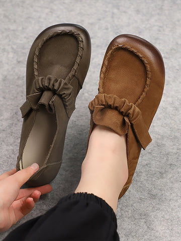 Women Genuine Leather Elastic Spliced Flat Shoes