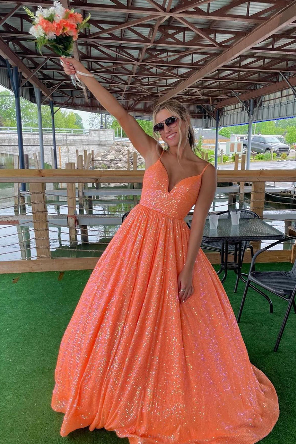 Fuchsia Sequins Spaghetti Straps A-Line Long Prom Dress