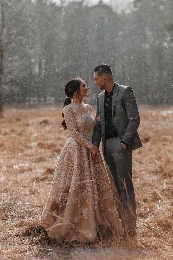 Bmbridal Champagne Long Sleeves Wedding Dress Ball Gown With Appliques
