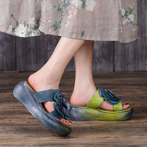 Women 2022 Vintage Leather Floral Platform Slippers