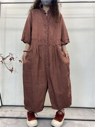 Women Summer Retro Solid Button Pocket Loose Jumpsuits