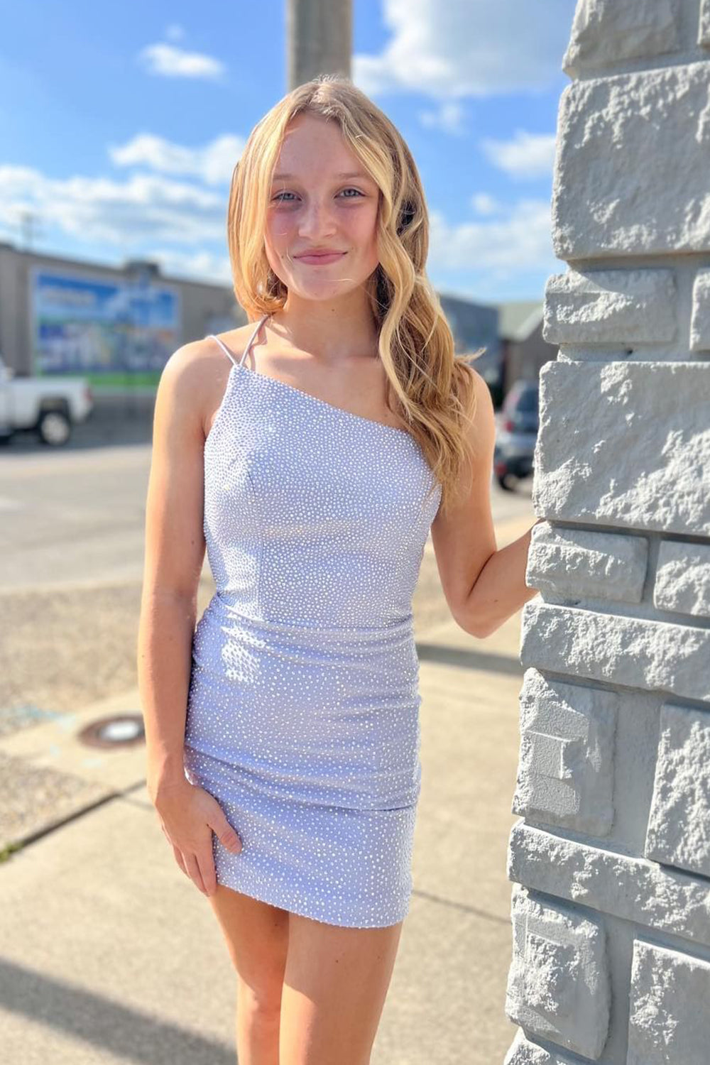 Glitter Orange Sheath One Shoulder Short Homecoming Dress with Beading