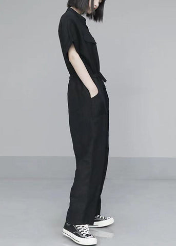 French Black Oversized Tie Waist Cotton Overalls Jumpsuit Summer