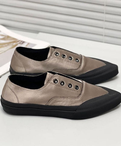 0508Khaki Silk Blended Boutique Splicing Pointed Toe Flat Shoes For Women