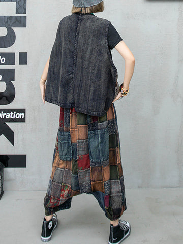 Women Summer Retro Plaid Spliced Pocket Low Crotch Pants