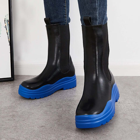 Platform Lug Sole Mid Calf Chelsea Boots Chunky Block Heel Booties