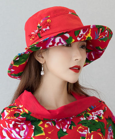 Schlapphut aus Leinen mit rotem Print im Vintage-Stil