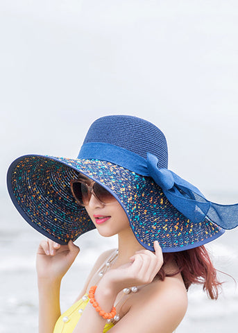 Boho Blauer Print Tüll Schleife Stroh gewebt Schlapphut Sonnenhut