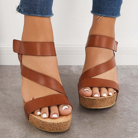 Cork Platform Wedges Ankle Strap Slingback Sandals