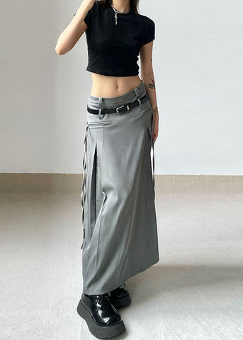 Streetwear Grey Wrinkled Tie Waist Patchwork Cotton Long Skirts Fall