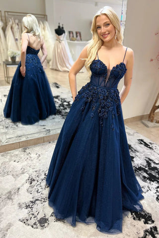Straps Plunging V Floral Beaded Long Prom Dress