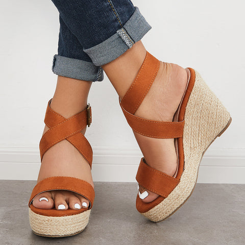 Criss Cross Ankle Strap Espadrille Wedge Platform Sandals