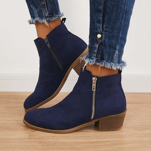 Chunky Block Heel Ankle Boots Side Zipper Booties