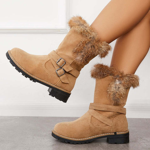 Warm Fur Mid Calf Snow Boots Block Heel Furry Winter Booties