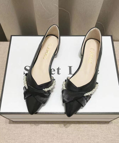 Schwarze Schleife Perle Splicing Boutique Flache Schuhe Spitzschuh