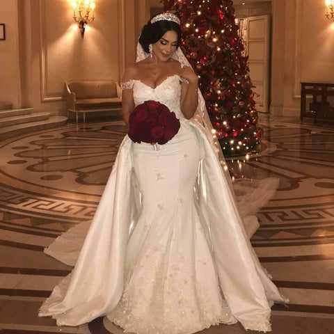 Bmbridal Off-the-Shoulder Mermaid Wedding Dress Overskirt Lace Bridal Gown