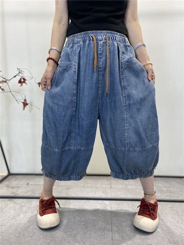 Women Summer Vintage Pocket Drawstring Solid Denim Pants