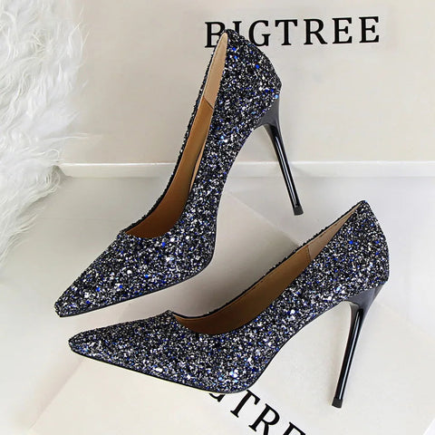 2024 summer new European style women's shoes high heels shallow mouth pointy glitter sexy slim nightclub high heels single shoes