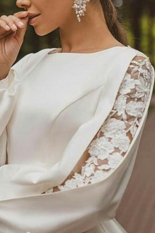 Luxurious Floor-Length A-Line Jewel Neck Long Sleeves Satin Wedding Dresses