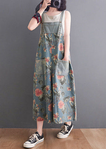 Light Blue Print Patchwork Denim Jumpsuit Pockets Summer