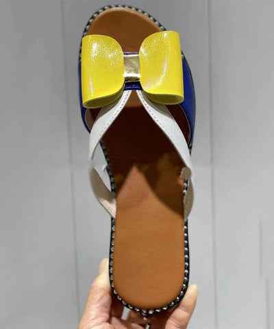0508Yellow Peep Toe Faux Leather Vintage Splicing Bow Slide Sandals