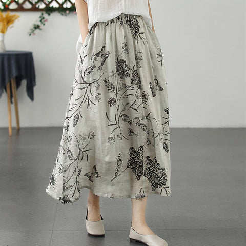 Summer Retro Print Loose Casual A-Line Linen Skirt