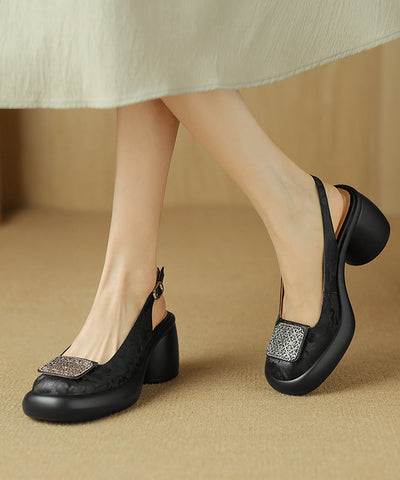 Retro Cowhide Leather Splicing Apricot Chunky Heel Sandals