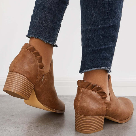 V-Cut Ruffle Ankle Boots Slip on Chunky Stacked Heel Booties