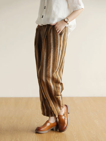 Women Summer Stripe  Pocket Vintage Loose Cotton Pants