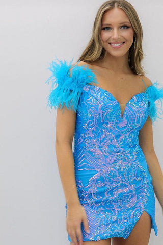 Trendy Sheath Off the Shoulder Purple Short Homecoming Dress with Feather