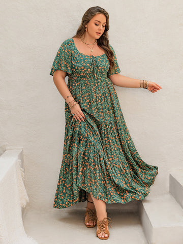 Plus Size Dark Green Floral Summer Maxi Dress