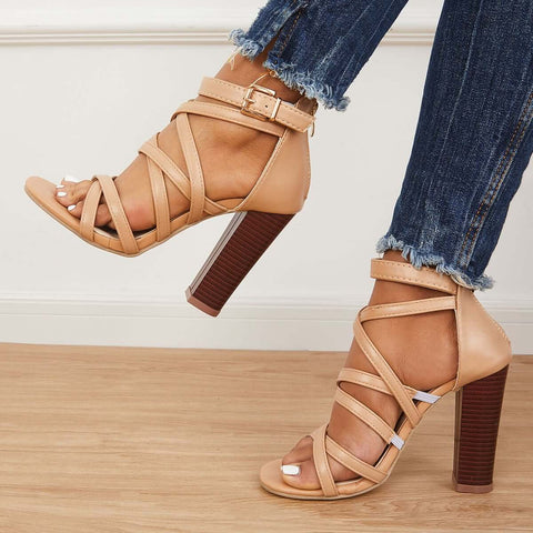 Criss Cross Chunky Block High Heels Ankle Strap Sandals