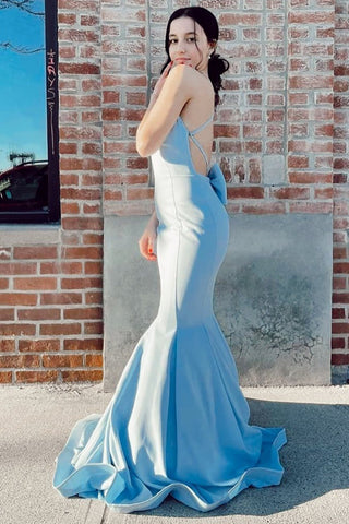 Mermaid Spaghetti Straps Light Blue Long Prom Dress with Open Back