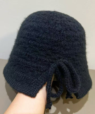 Gelbe Retro-Strickmütze mit Schnürung